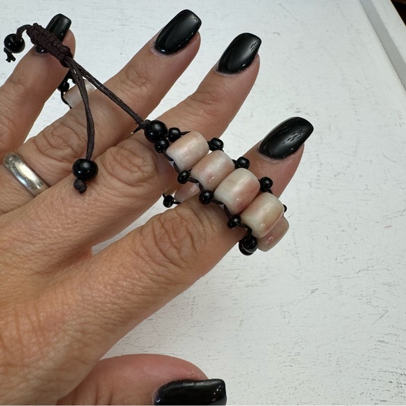 Barrel Shaped Bone Beads Bracelet with Black Rope & Tiny Black Beads Adjustable - Picture 5 of 9